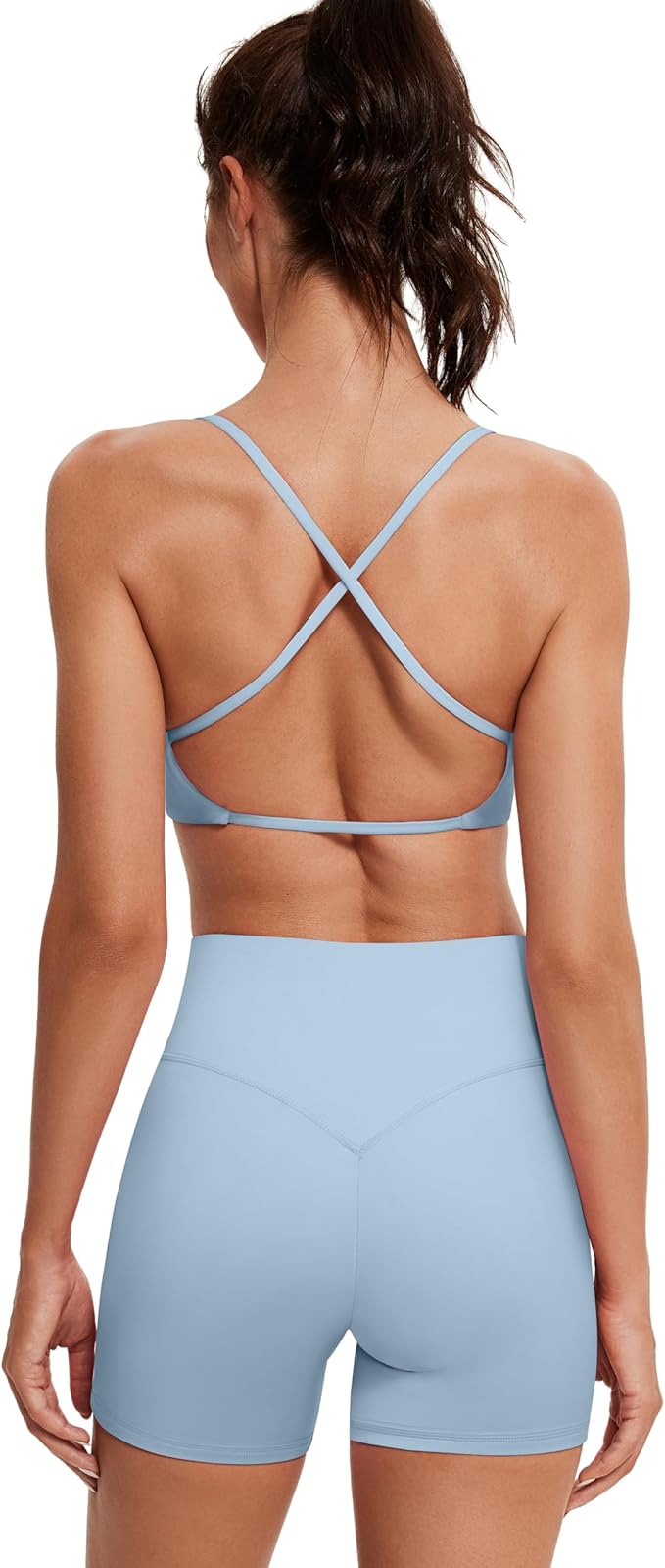 OMKAGI Workout Sets for Women Open Back Strappy Sports Bra Booty Biker Shorts Gym Outfits