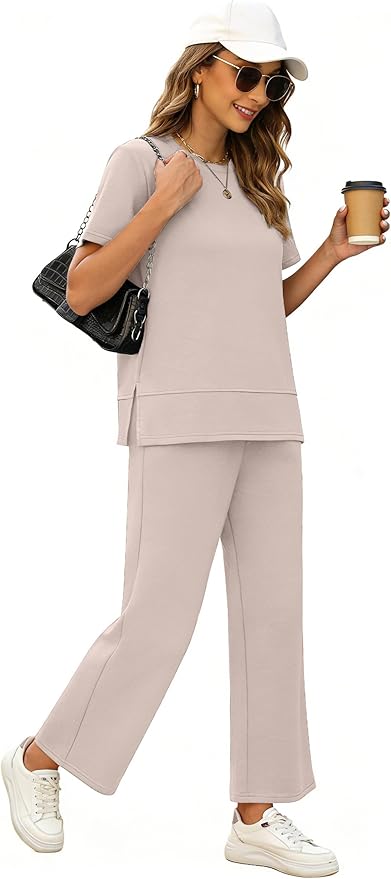 XIEERDUO Women's Side Slit Lounge Sets 2026 Fashion 2 Piece Travel Outfits Cozy Loungewear Wide Leg Tracksuits S-3XL
