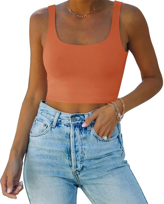 REORIA Women’s Sexy Square Neck Double Lined Seamless Sleeveless Cropped Tank Yoga Crop Basic Tops