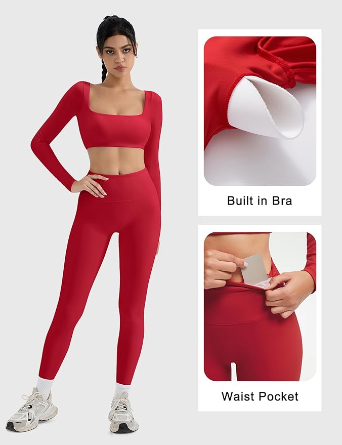 SUUKSESS Women 2 Piece Workout Sets Compression Tummy Control Leggings with Pockets Long Sleeve Square Neck Padded Crop Tops