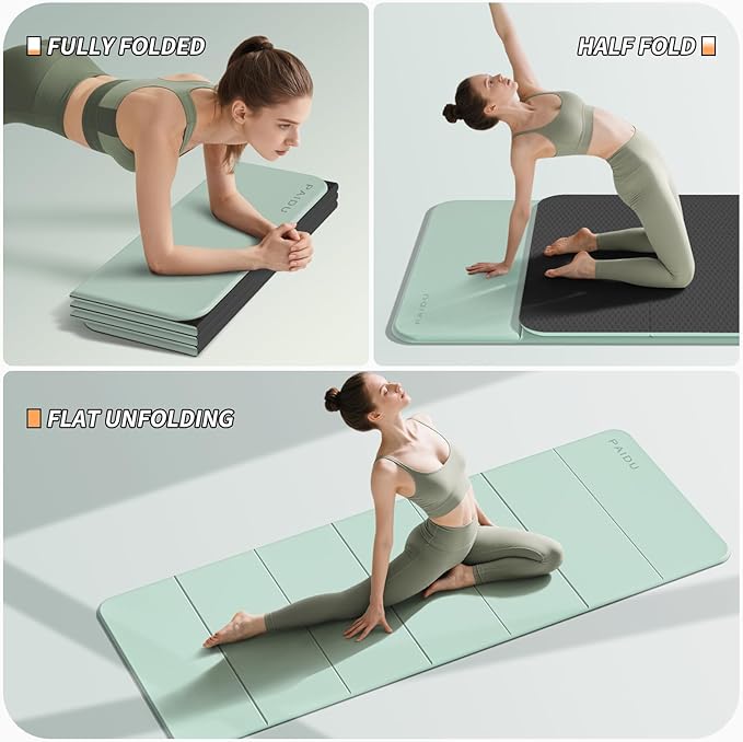 PAIDU Foldable Fitness Yoga Mat | 2/5" (10MM) Extra Thick | SGS Certified Non-Slip TPE | 75x26" Extra Long-Wide | Portable & Easy Store | for Yoga, Pilates, Home Gym & Full-Body Workouts