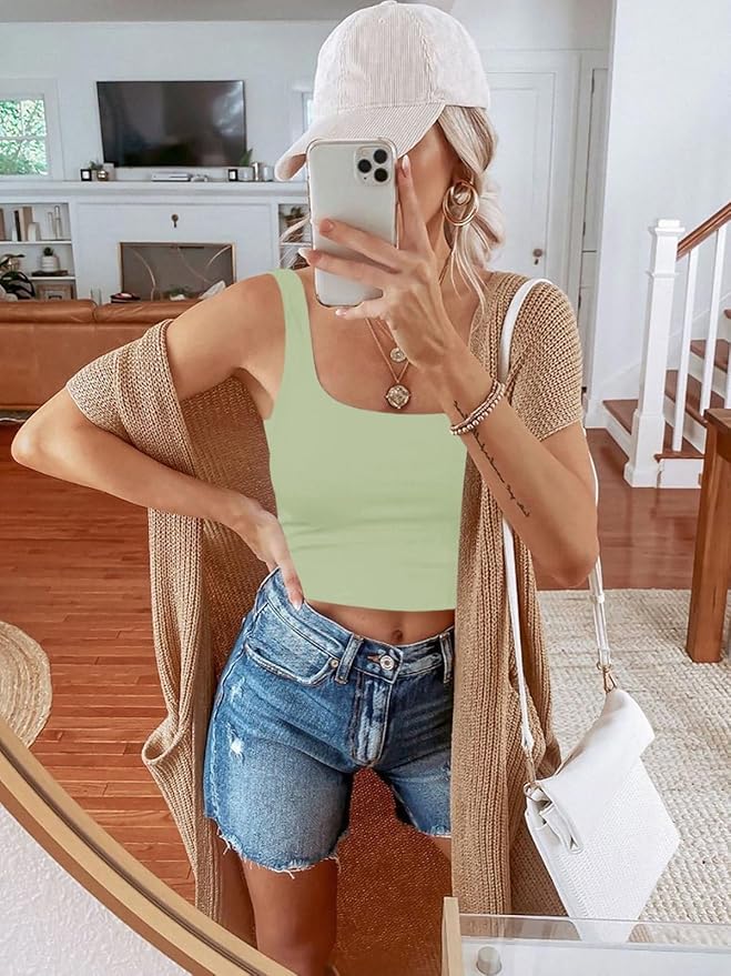 REORIA Women’s Sexy Square Neck Double Lined Seamless Sleeveless Cropped Tank Yoga Crop Basic Tops