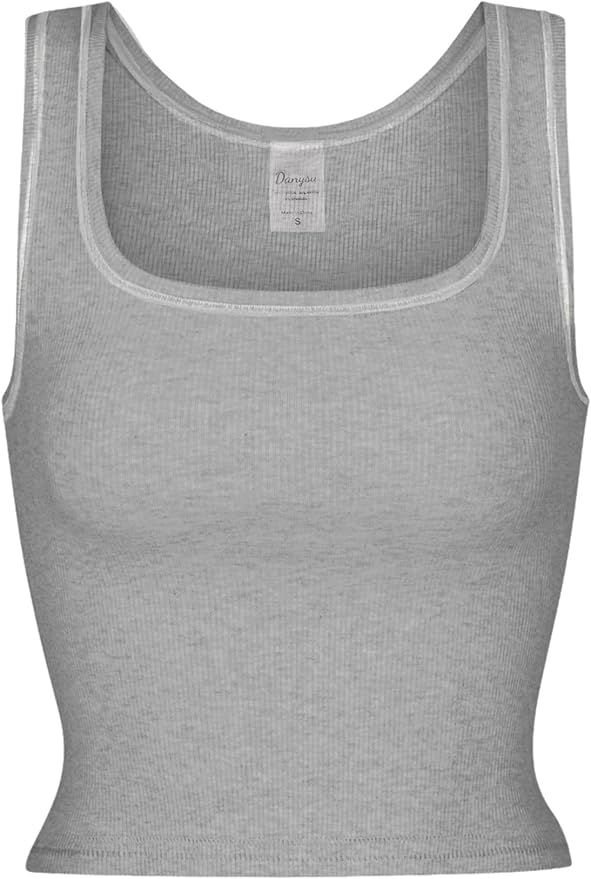 Danysu Women Rib Tank Top Padded Workout Top Square Neck Crop Tank Fitted Basic Cami Tops
