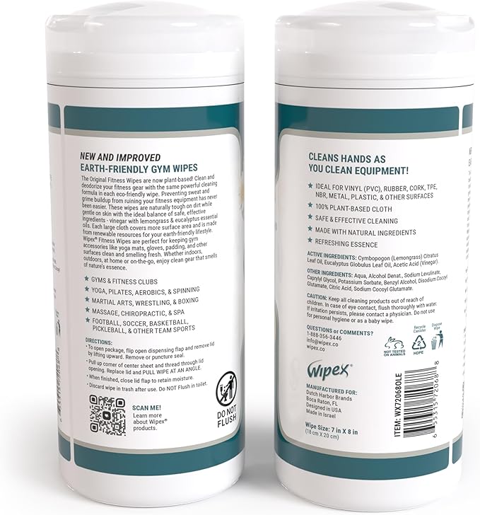 Wipex Fitness Equipment Wipes - EWG Verified - 50 Ct Original Natural Plant Based Gym Wipes for Equipment, Clean Surfaces at Home or Gym, Use as a Yoga Mat Cleaner, Lemongrass, Eucalyptus & Vinegar