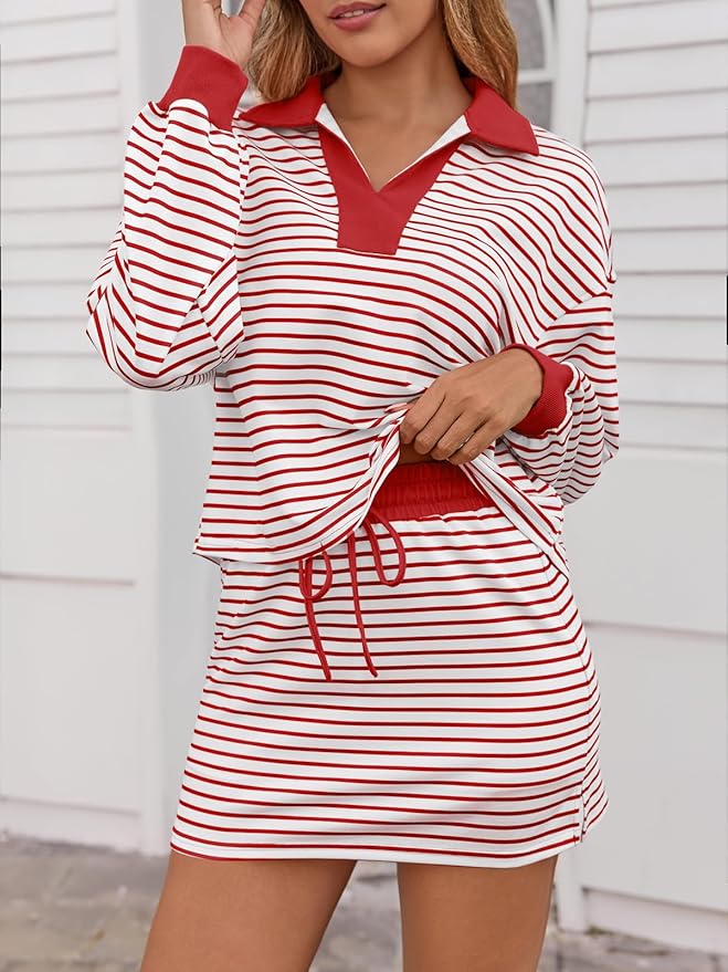 Fisoew Womens Striped 2 Piece Outfits Casual Sweatshirt Skirt Set Long Sleeve Skort Workout Set Matching Lounge Sets