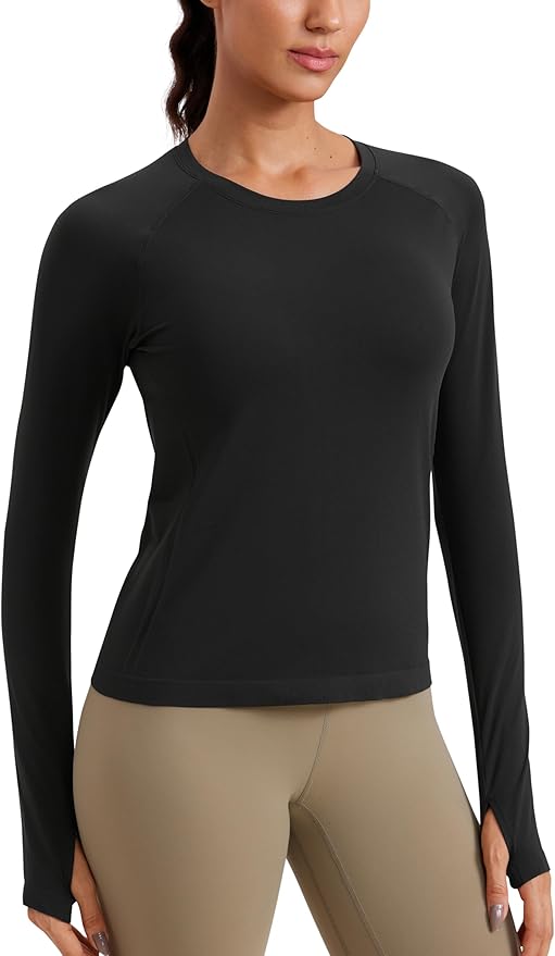 CRZ YOGA Seamless Long Sleeve Shirts for Women Waist Length - Workout Athletic Running Gym Yoga Tops Crewneck Breathable