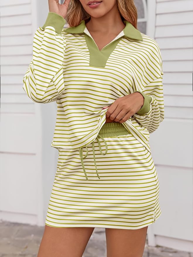 Fisoew Womens Striped 2 Piece Outfits Casual Sweatshirt Skirt Set Long Sleeve Skort Workout Set Matching Lounge Sets