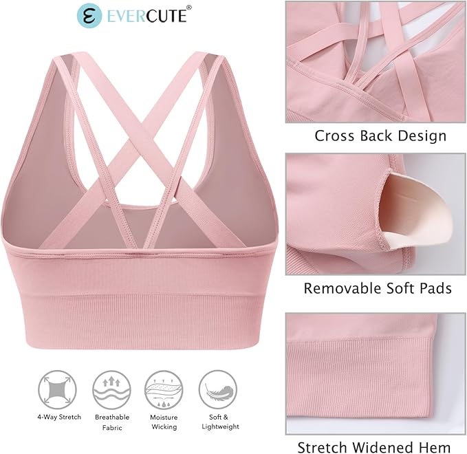 Evercute Sports Bras for Women Padded Medium Support Criss Cross Strappy Bra Seamless High Impact Yoga Exercise Athletic Bras