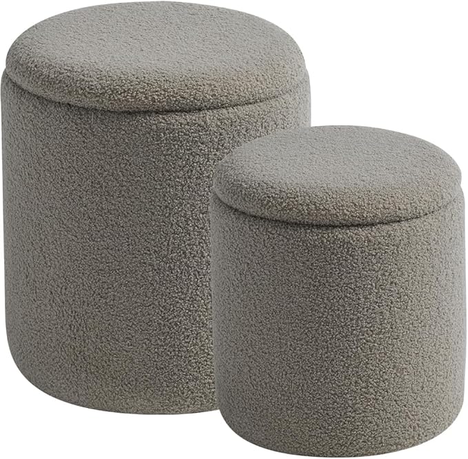 BLEXA Round Ottoman with Storage Set of 2 - Upholstered Sherpa Vanity Stool for Makeup Multifunctional Ottomans Coffee Table Padded Seat Foot Rest for Living Room & Bedroom (Sherpa Gray)