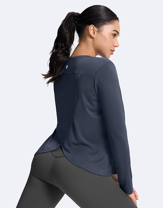 SANTINY Women's Lightweight Long Sleeve Workout Tops Split Back Gym Running Hiking Athletic Shirt Quick Dry UPF 50+ Sun Shirt