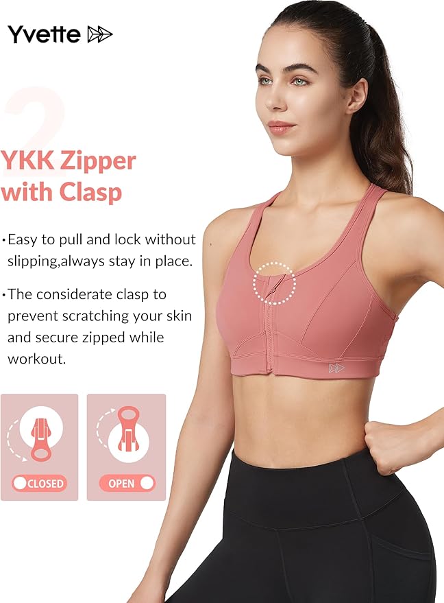 Yvette Zip Front Sports Bra - High Impact Sports Bras for Women Plus Size Workout Fitness Running