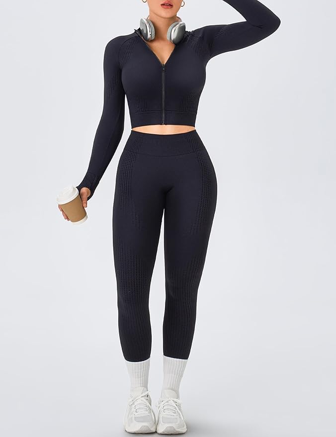 OLCHEE Womens Workout Sets 2 Piece Seamless Yoga Outfits Long Sleeve Zipper Jacket High Waist Leggings Butt Lifting Gym Set