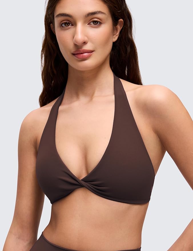 CRZ YOGA Butterluxe Double Lined Twist Halter Sports Bras for Women - Deep V Neck Crop Top Casual Open Back Non Padded
