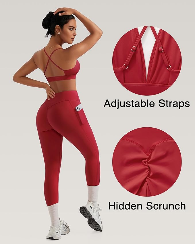RXRXCOCO 2 Piece Workout Sets for Women Strappy Sports Bra Booty Leggings with Pockets Yoga Gym Outfits