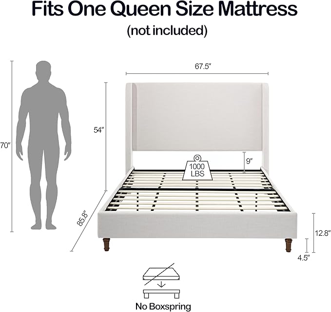 Upholstered Bed Frame Queen Size, 54" Tall Headboard Wingback Upholstered Platform Bed Frame for Bedroom Strong Wood Slats Support/No Box Spring Needed/Easy Assembly, Ivory Chenille