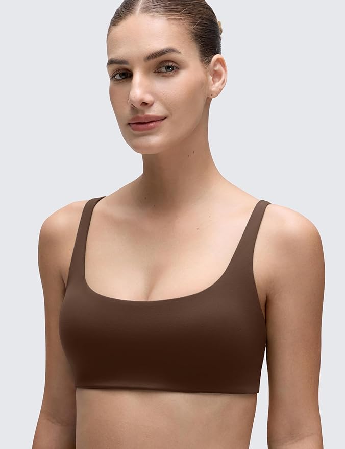 CRZ YOGA Butterluxe Square Neck Spaghetti Strap Sports Bras for Women - Low Coverage Yoga Wireless Padded Cami Crop Top