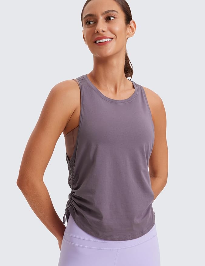 CRZ YOGA Pima Cotton Ruched Side Tank Tops for Women - Workout Athletic Casual Racerback Crewneck Loose Sleeveless Shirts