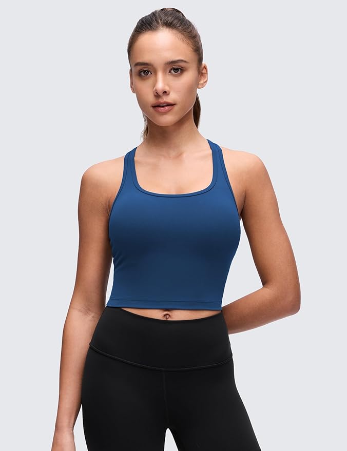CRZ YOGA Butterluxe Racerback Crop Tank Tops for Women - Padded Y-Back Longline Sports Bras Scoop Neck Workout Yoga