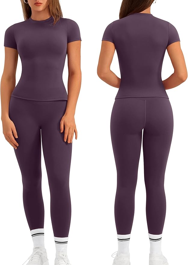 Relety Womens Two Piece Workout Sets Slim Fit Short Sleeve Shirt High Waist Leggings Yoga Outfits Matching Gym Set