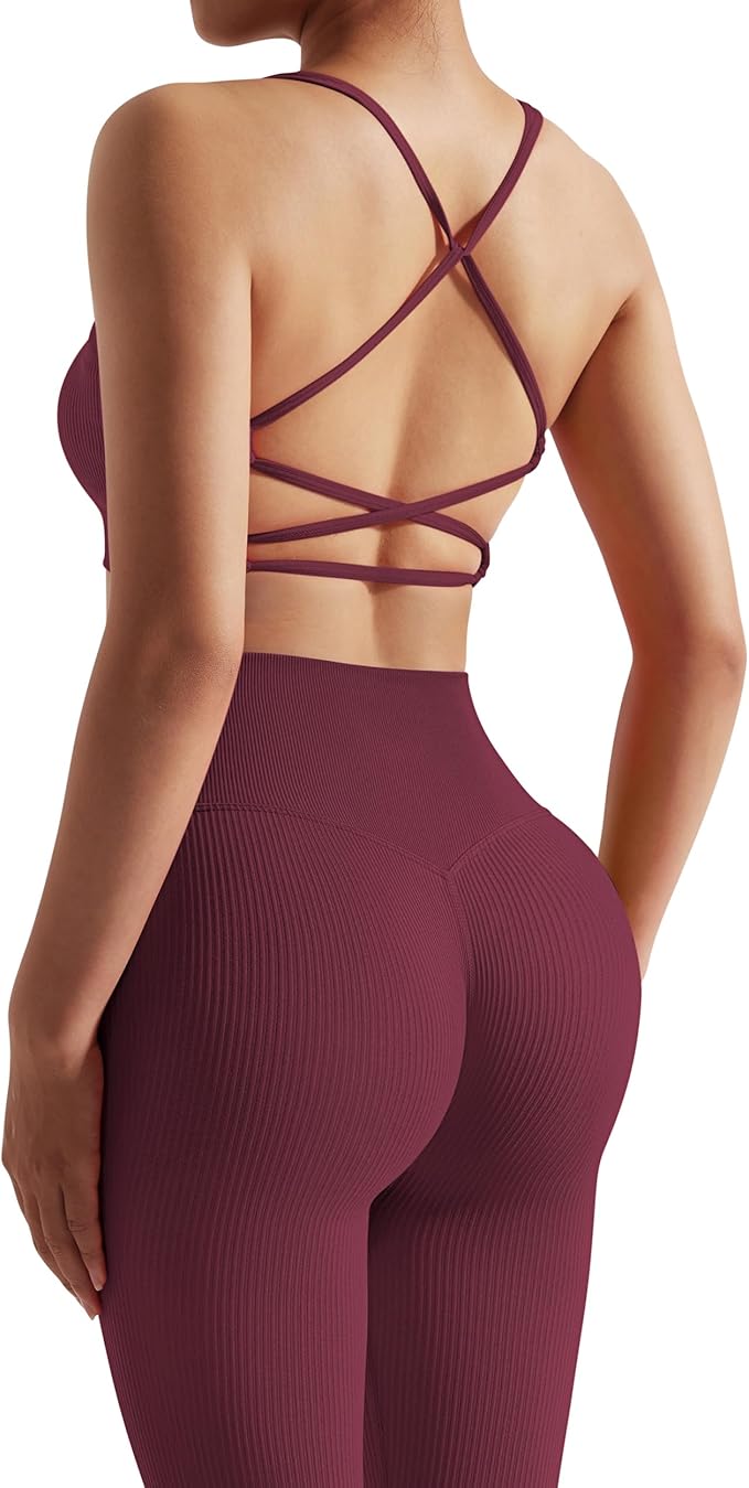 RXRXCOCO Ribbed Workout Sets for Women 2 Piece Backless Strappy Sports Bra Seamless Leggings Matching Set Yoga Outfits