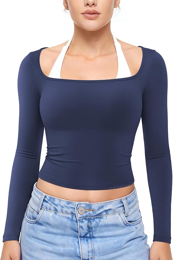 YEOREO Long Sleeve Workout Tops for Women Square Neck Slim Fitted Double Lined Compression Shirt Basic Casual Gym Yoga Tops