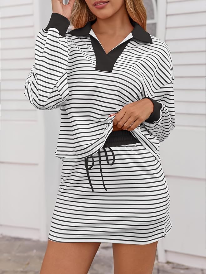 Fisoew Womens Striped 2 Piece Outfits Casual Sweatshirt Skirt Set Long Sleeve Skort Workout Set Matching Lounge Sets