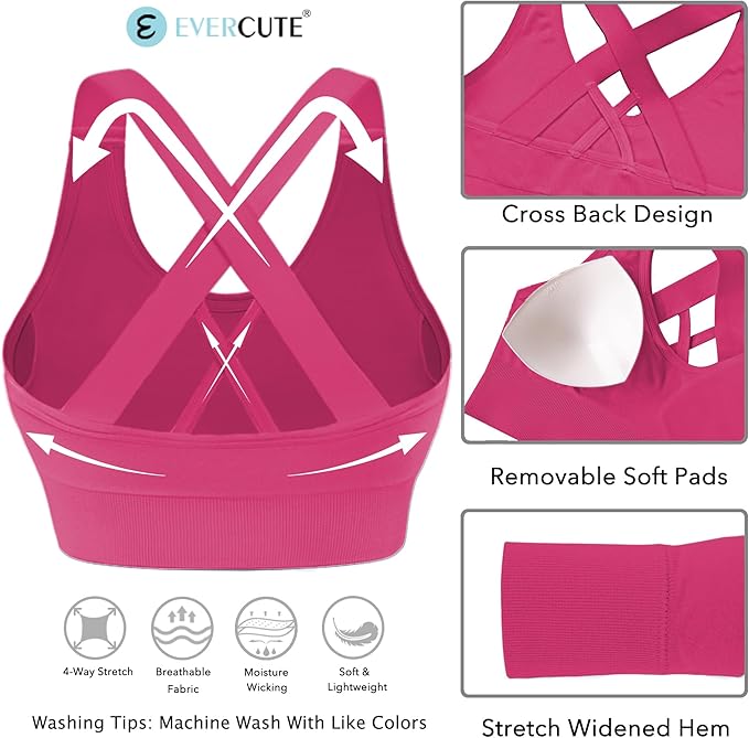 Evercute Sports Bras for Women Padded Medium Support Criss Cross Strappy Bra Seamless High Impact Yoga Exercise Athletic Bras