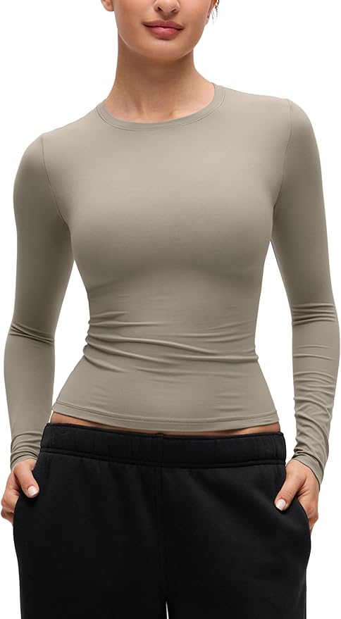 CRZ YOGA Softembrace Crewneck Long Sleeve Shirts for Women - Casual Going Out Tops Soft Basic Fitted Tight Fall T-Shirts