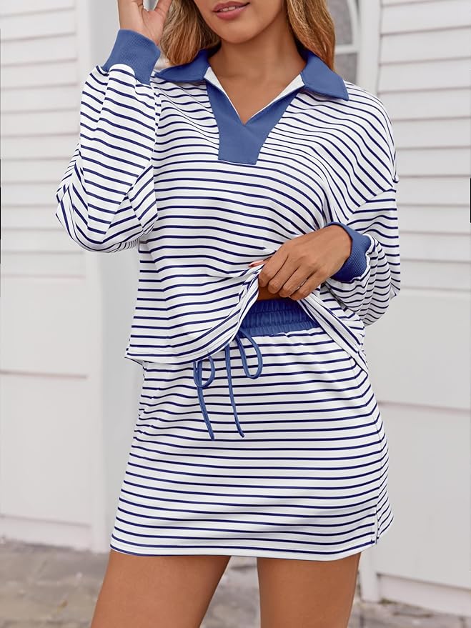 Fisoew Womens Striped 2 Piece Outfits Casual Sweatshirt Skirt Set Long Sleeve Skort Workout Set Matching Lounge Sets