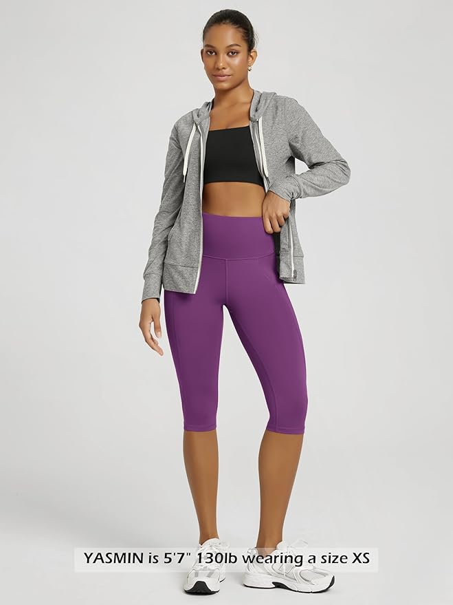 ODODOS Women's High Waisted Yoga Capris with Pockets, Tummy Control Non See Through Workout Athletic Running Capri Leggings