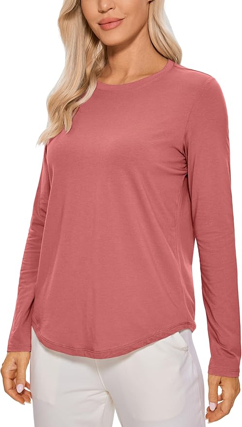 CRZ YOGA Pima Cotton Crewneck Long Sleeve Shirts for Women - Workout Athletic Yoga Casual Tops Soft Plain T-Shirt
