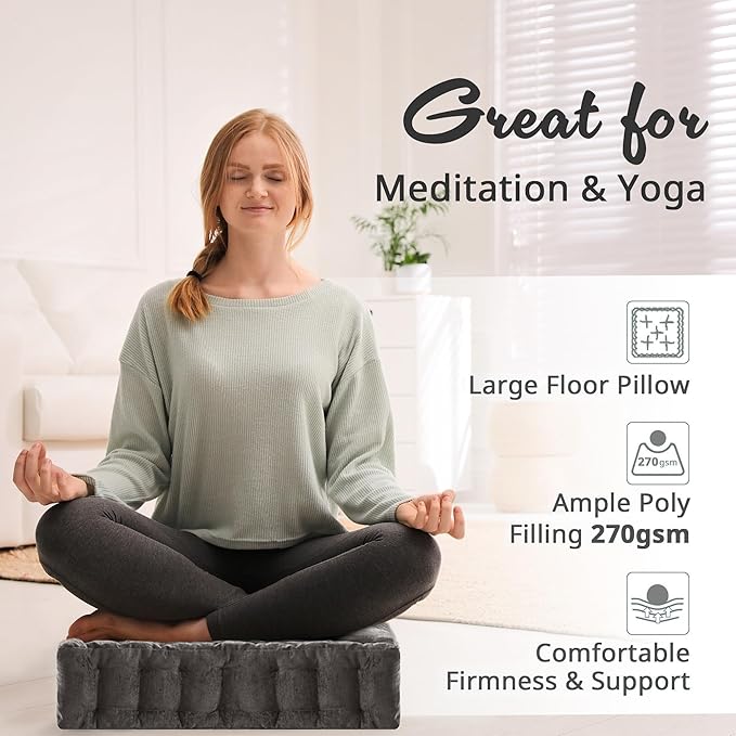 Intelligent Design Azza Floor Pillow, Large Cushions Sitting for Adults, Floor Pillow for Meditation or Yoga, Lustrous Chenille Tufted with Scalloped Edges for Bench/Chair Cushion, 20"x20"x5" Charcoal