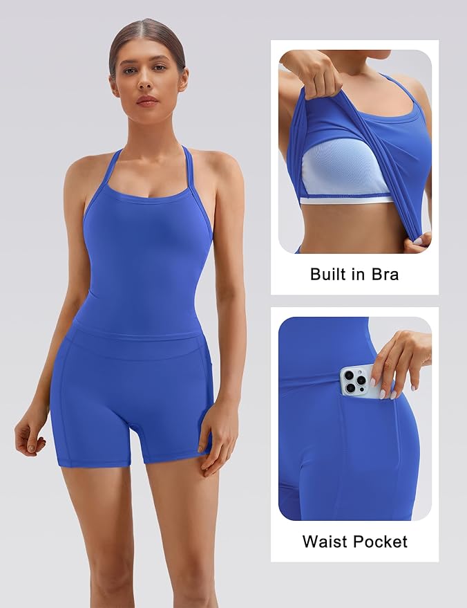 SUUKSESS Women 2 Piece Workout Sets High Waisted Biker Shorts with Pockets Built in bra Racerback Tank Tops