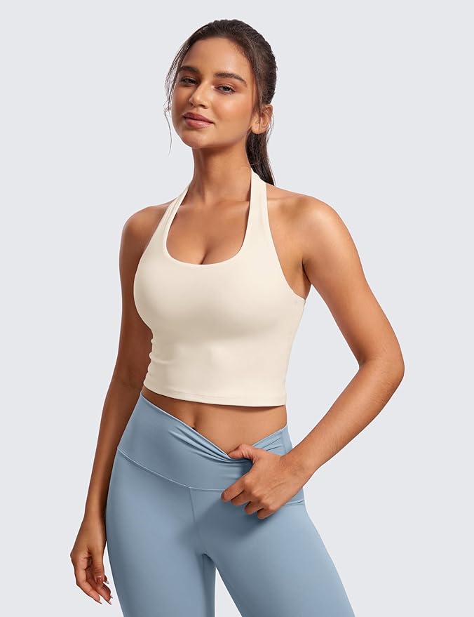 CRZ YOGA Butterluxe Halter Crop Tank Tops for Women - Open Back Padded Longline Sports Bras Workout Gym