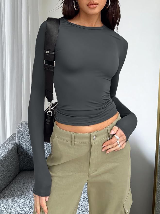 Trendy Queen Womens Long Sleeve T Shirts Fall Fashion 2026 Basic Crop Tops Going Out Outfits Y2k Clothes