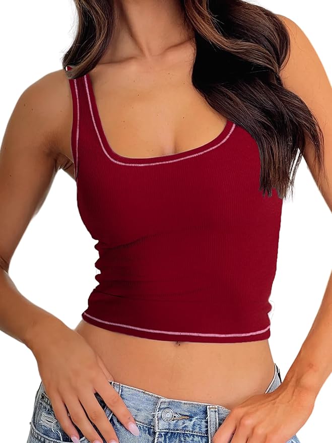 Danysu Women Rib Tank Top Padded Workout Top Square Neck Crop Tank Fitted Basic Cami Tops