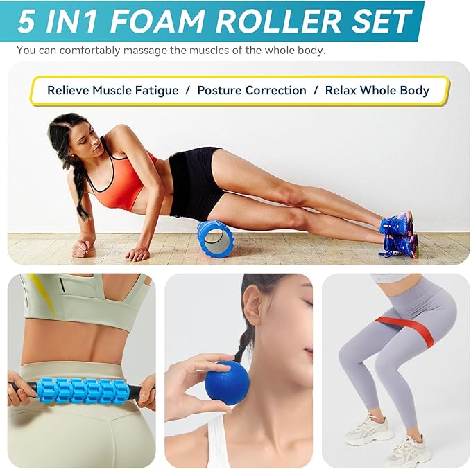 Krightlink 5 in 1 Foam Roller Set for Deep Tissue Muscle Massage, High Density Trigger Point Fitness Patented Exercise Foam Roller, Massage Roller, Massage Ball, Resistance Band, for Whole Body