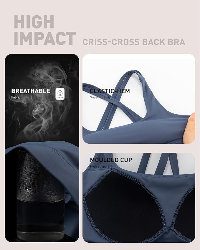 RUNNING GIRL High Impact Sports Bras for Women - Scoop Neck Strappy Sports Bra High Support Moulded Cup Workout Bra