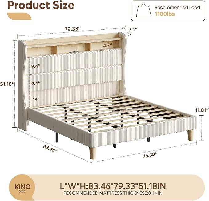 Bestier King Size Upholstered Wingback Bed Frame with 51” High Headboard Corduroy Fabric RGB LED Lights, Charging Station Dual Storage Shelves Modern Off White Platform Bed No Box Spring Needed | King Bed Frame