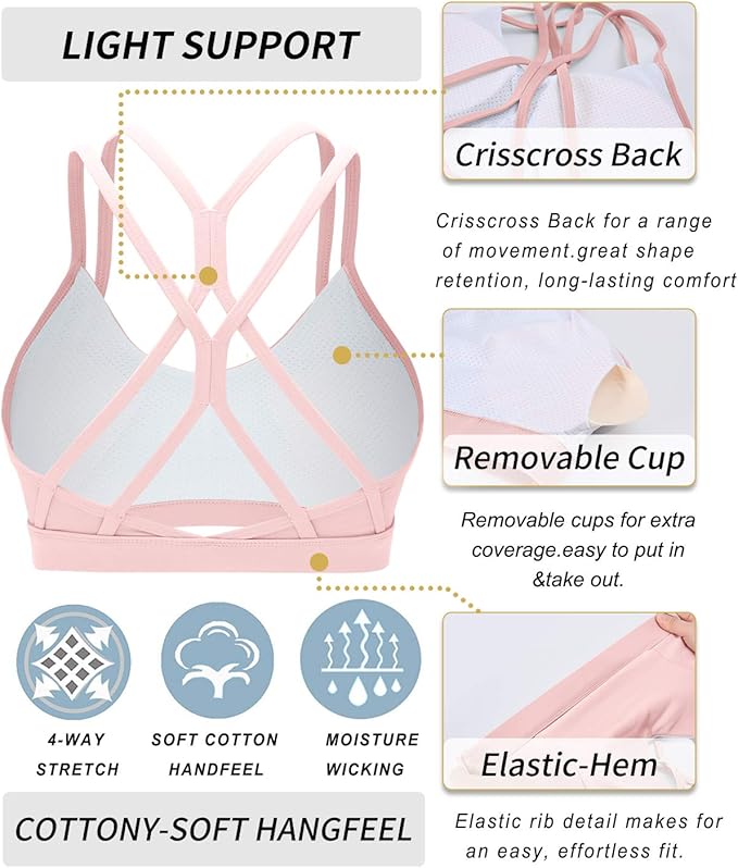 RUNNING GIRL Sports Bras for Women,Strappy Crisscross Back Padded Low Impact Running Sports Bra with Removable Cups