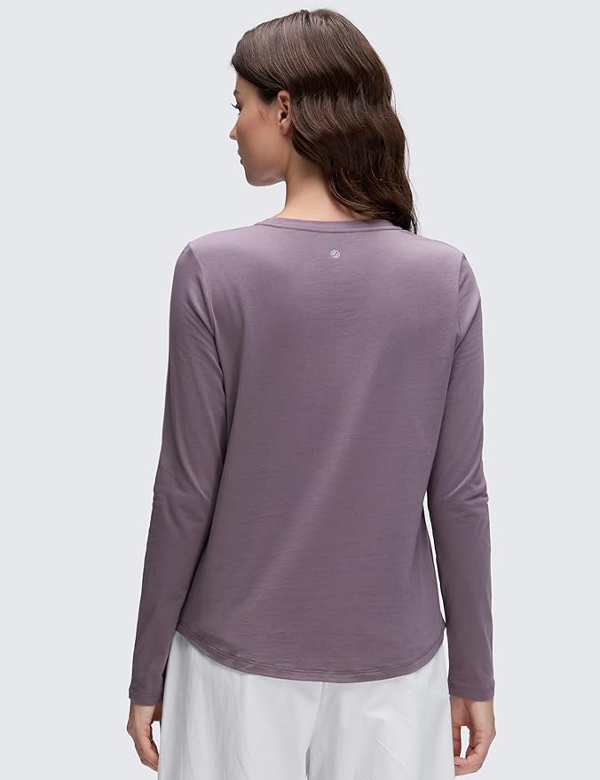 CRZ YOGA Pima Cotton Crewneck Long Sleeve Shirts for Women - Workout Athletic Yoga Casual Tops Soft Plain T-Shirt