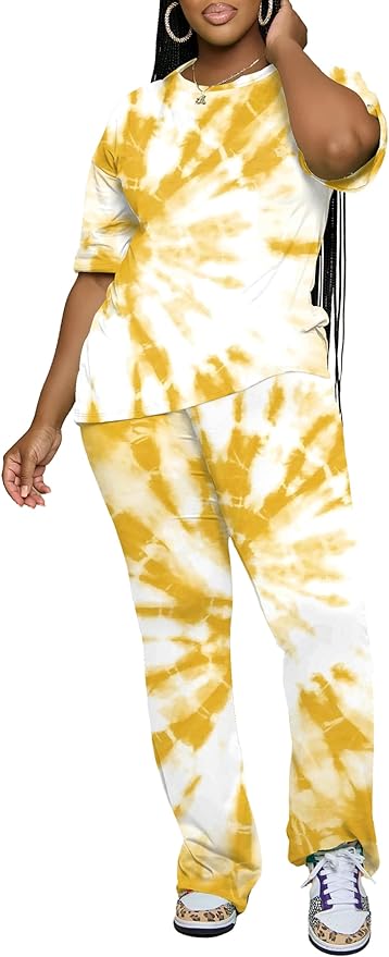 PINSV Women 2 Piece Outfits Short Sleeve Top and Flare Pants Lounge Sets Tracksuit