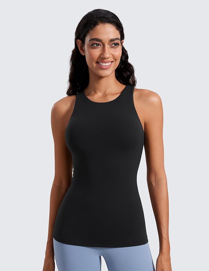 CRZ YOGA Butterluxe High Neck Tank Tops for Women - Racerback Workout Padded Yoga Athletic Camisole with Built in Bra