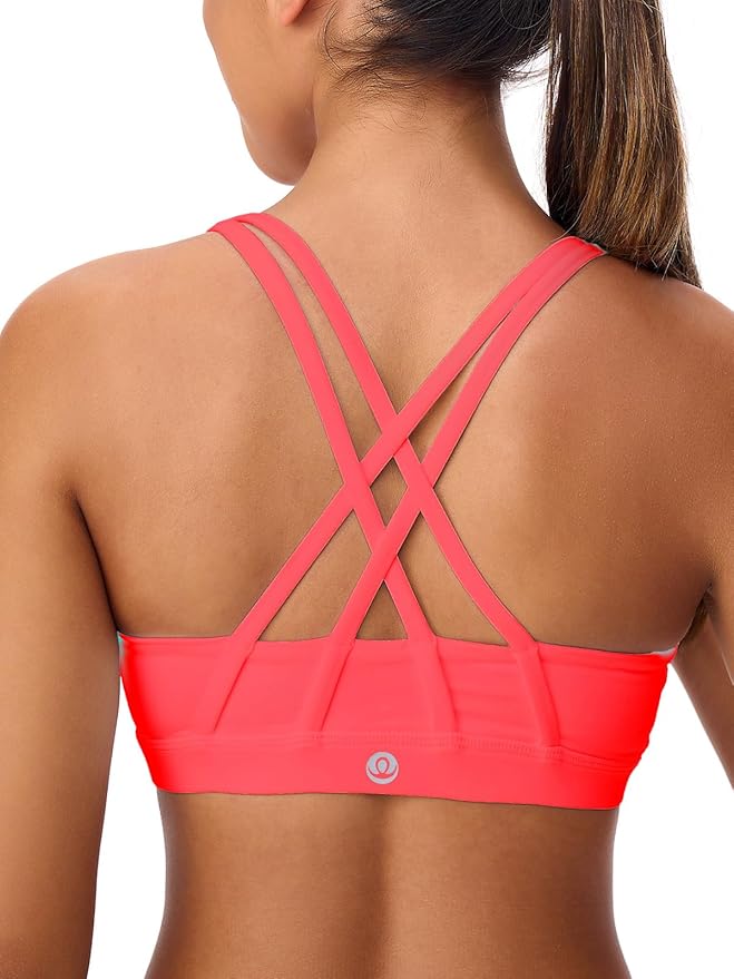 Women's Strappy Sports Bras Light Compression Crop Criss Cross Back Padded Workout Yoga Bra Supportive U Neckline