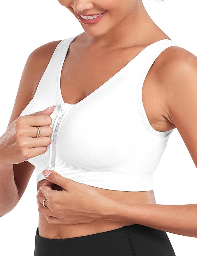 Women's Zip Front Sports Bra Wireless Post-Surgery Bra Active Yoga Sports Bras