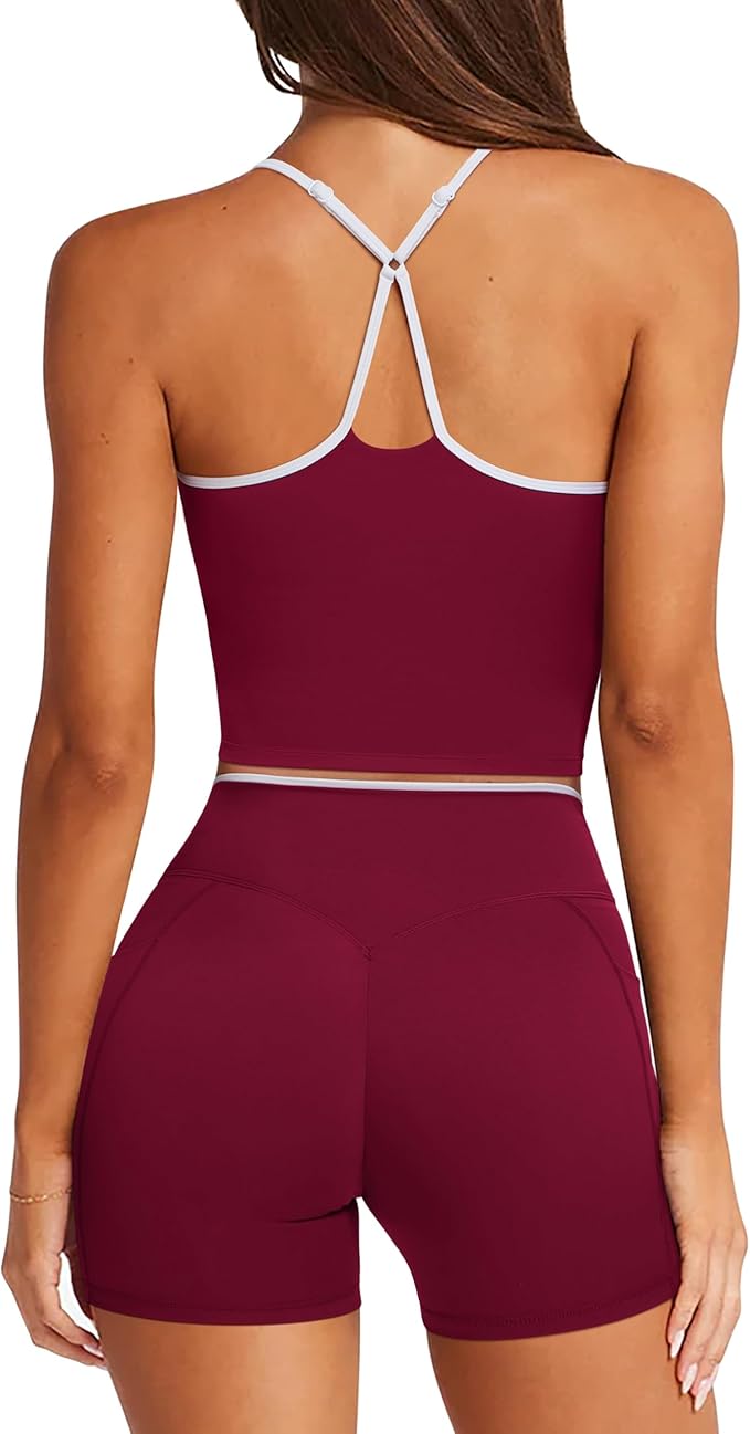 RXRXCOCO Color Block Workout Sets for Women 2 Piece Padded Strappy Tank Tops Hidden Scrunch Booty Shorts with Pockets