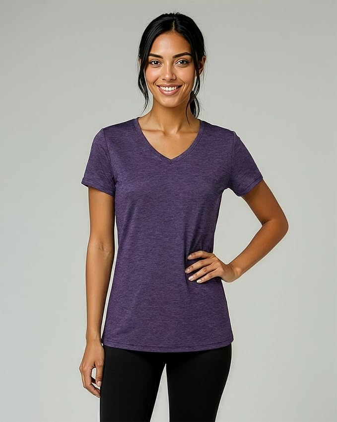 Real Essentials 5 Pack: Women's Dry-Fit Short Sleeve V Neck T Shirt Workout Fitness Yoga Top Tee (Available in Plus Size)