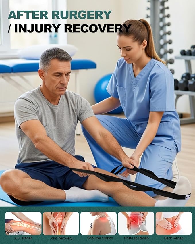 Trideer Stretching Strap with Loops & Leg Lifter, Non-Elastic PT-Style Physical Therapy Strap for Knee Replacement Rehab, Hamstring, Calf & Back Stretcher Mobility, Hip, Shoulder & Yoga
