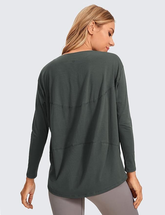 CRZ YOGA Pima Cotton Boat Neck Long Sleeve Shirts for Women - Workout Athletic Yoga Casual Tops Loose Fit Fall T-Shirts