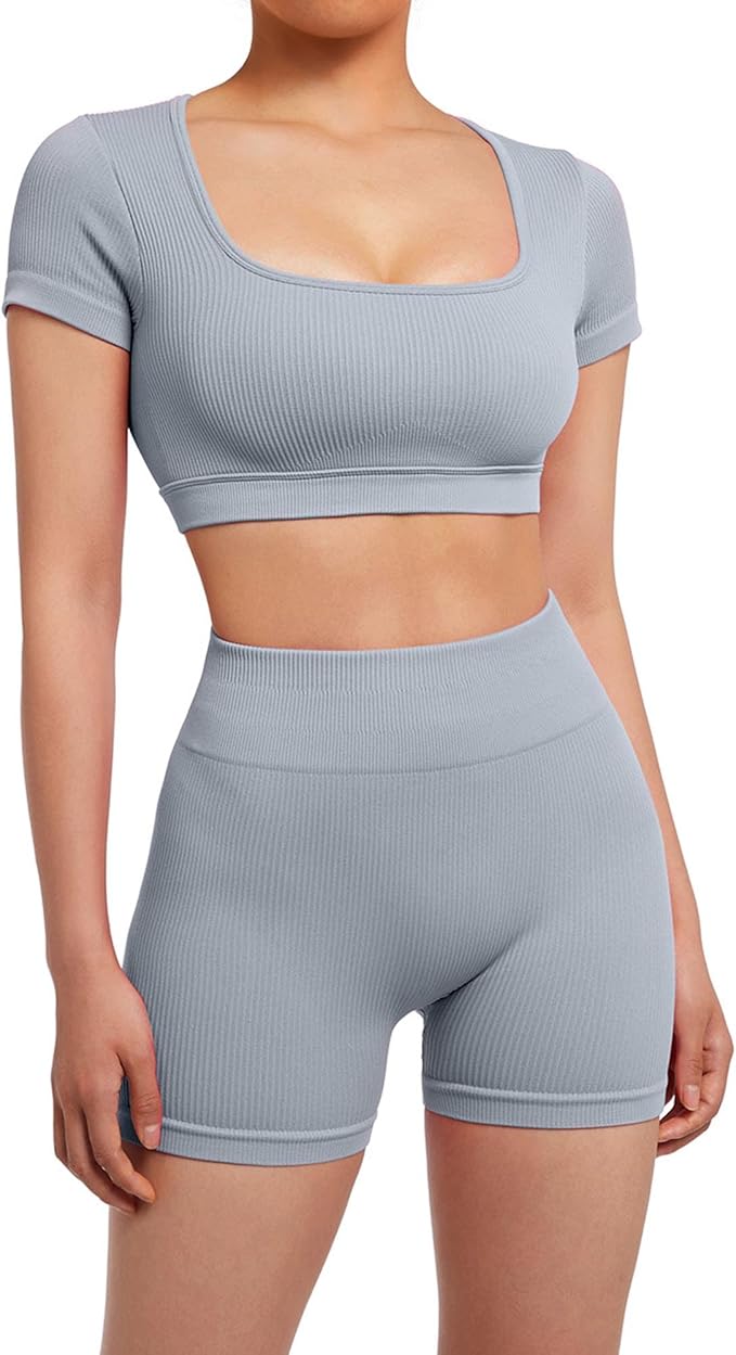 SUUKSESS Womens Workout Sets Open Back Gym Sets Woman Yoga Pilates Crop Tank High Waisted Bike Shorts